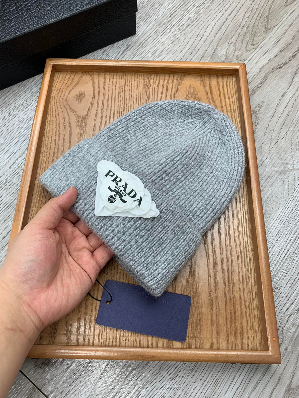 PRADA BEANIE HAT IN PALE GRAY WOOL 431360