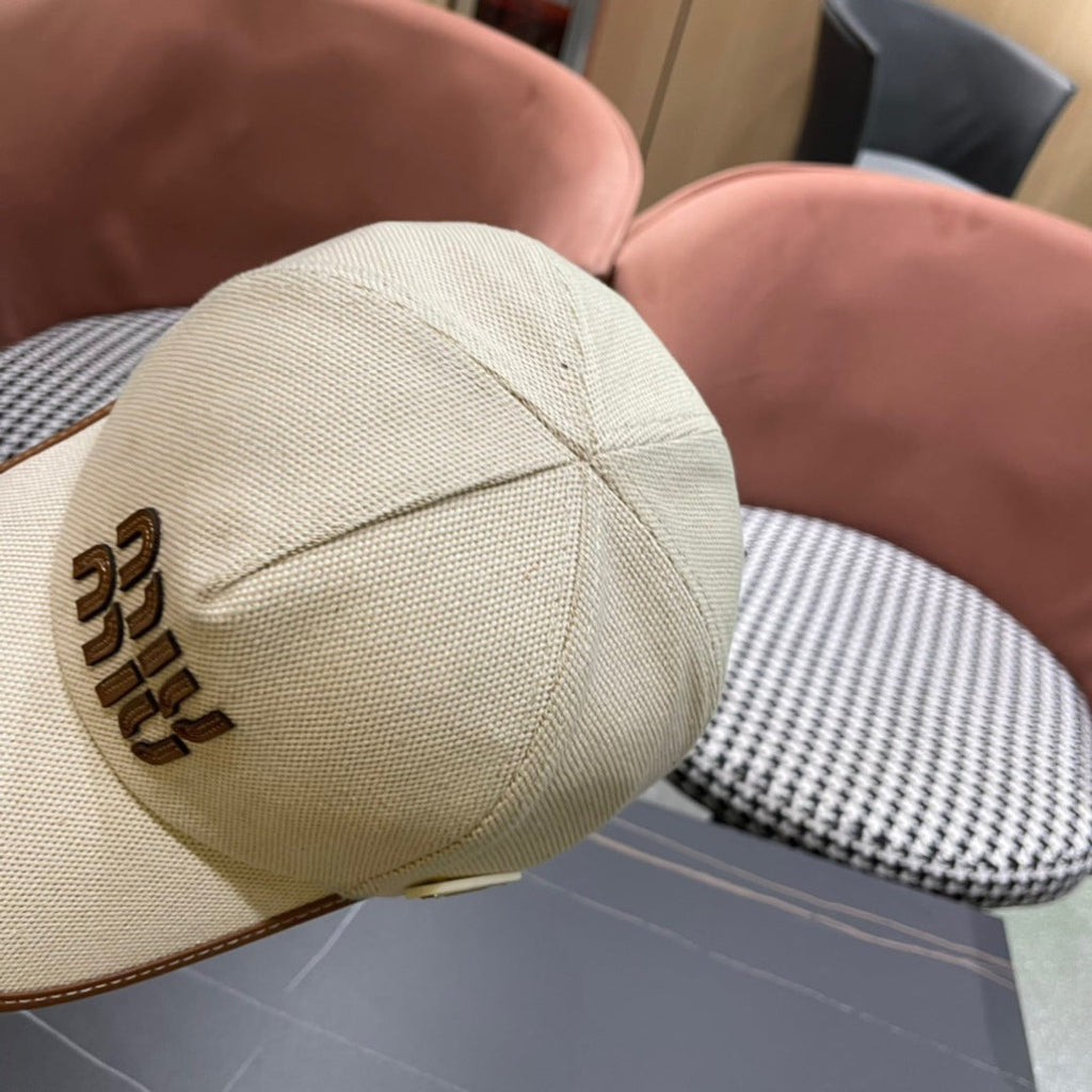 MIU MIU MM BASEBALL CAP IN LIGHT BEIGE FABRIC AND CALFSKIN