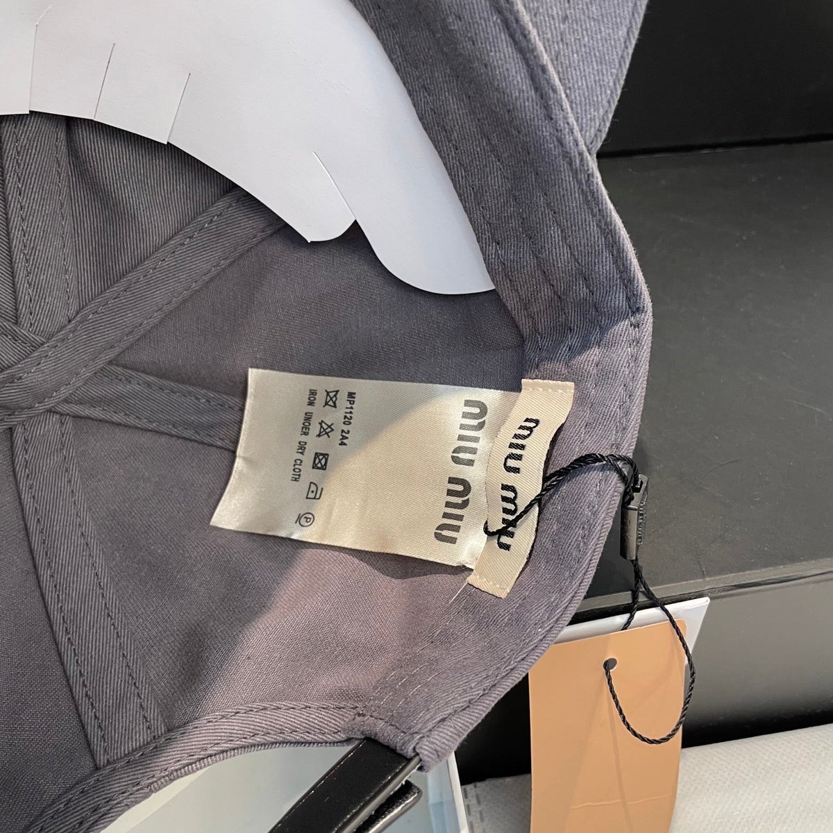 MIU MIU MM BASEBALL CAP IN GREY ORANGE FABRIC BRAND EMBROIDERY
