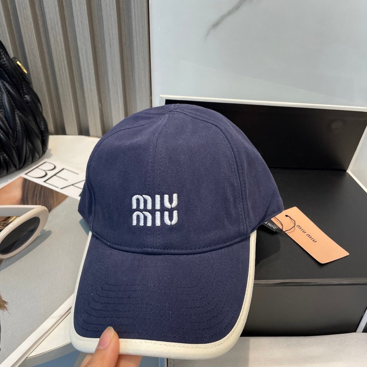 MIU MIU MM BASEBALL CAP IN NAVY BLUE FABRIC STYLE 7