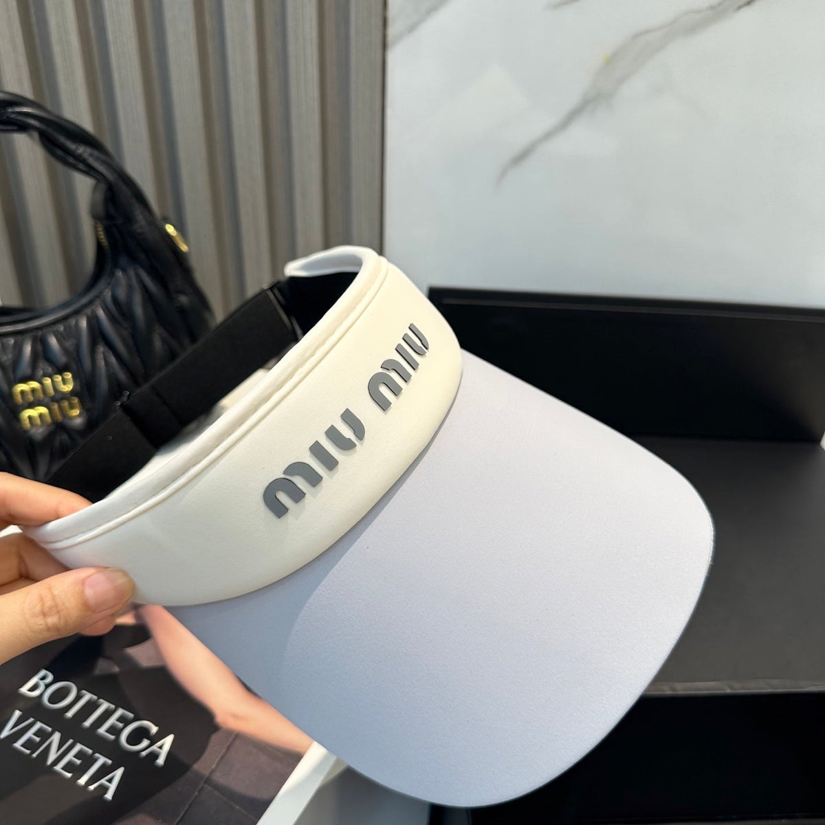 MIU MIU MM SPORT VISOR CAP IN COOL GRAY MIX WHITE FABRIC