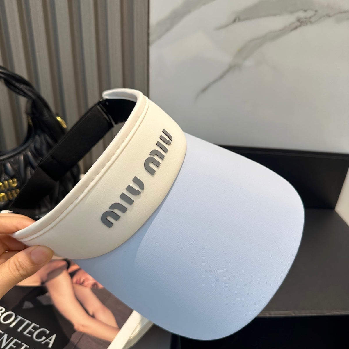 MIU MIU MM SPORT VISOR CAP IN PASTEL BLUE MIX WHITE FABRIC