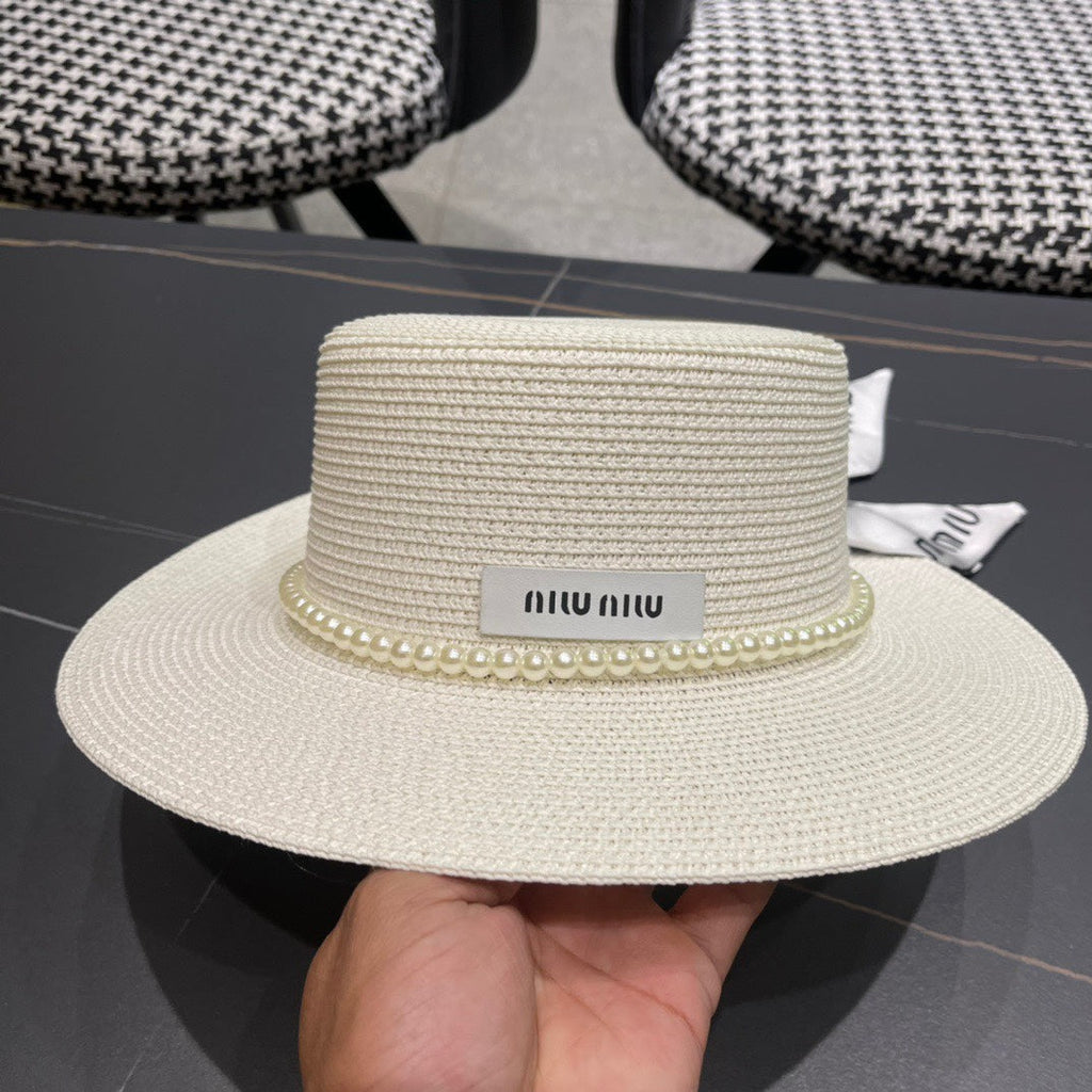 MIU MIU MM SMALL-BRIM STRAW HAT IN CREAM WHITE AND PEARL EMBELLISHED